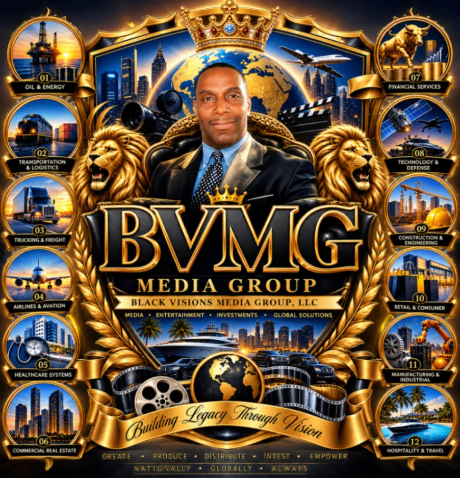Linda, CEO of Black Visions Media Group, framed by the BVMG enterprise operations insignia.