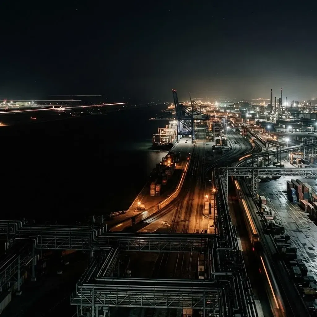 High-angle night port terminal showing continuous logistics infrastructure and coordinated operations
