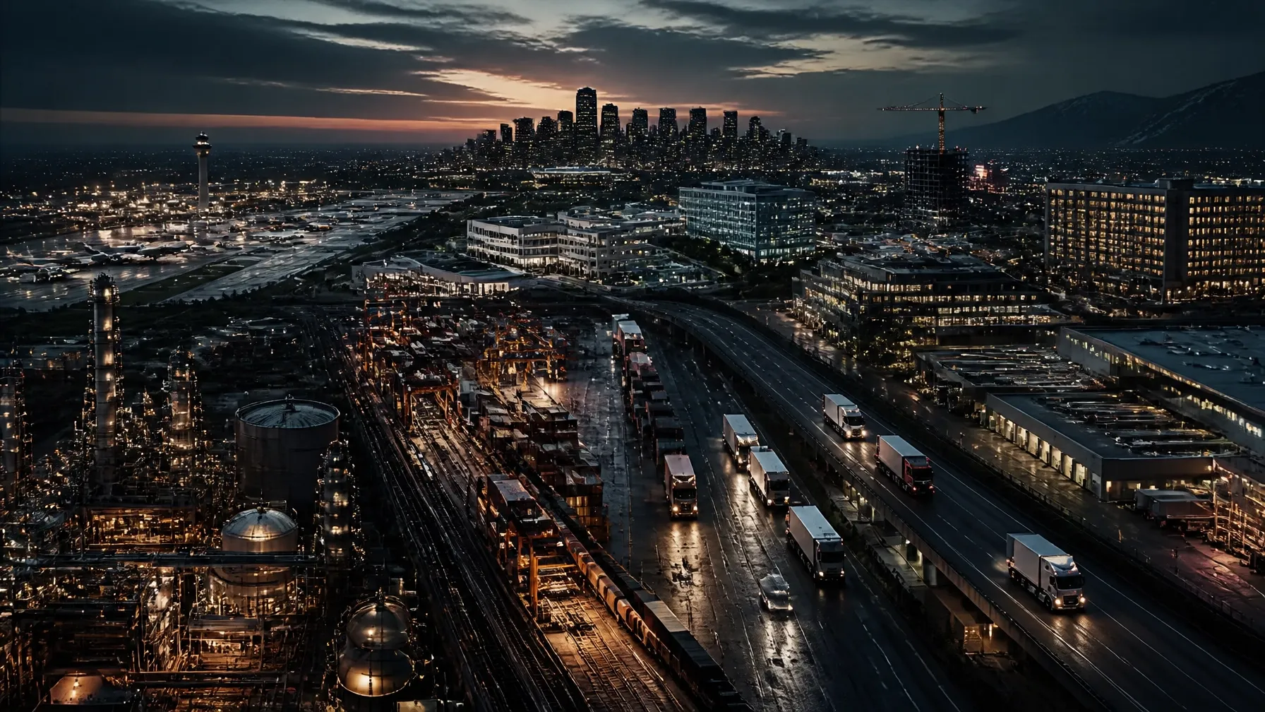 Integrated industrial landscape representing energy, logistics, aviation, healthcare, defense, construction, manufacturing, and hospitality operations