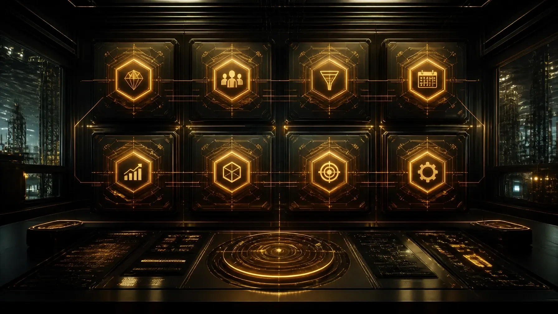 Dark enterprise operations console with eight illuminated modules connected through one unified command system