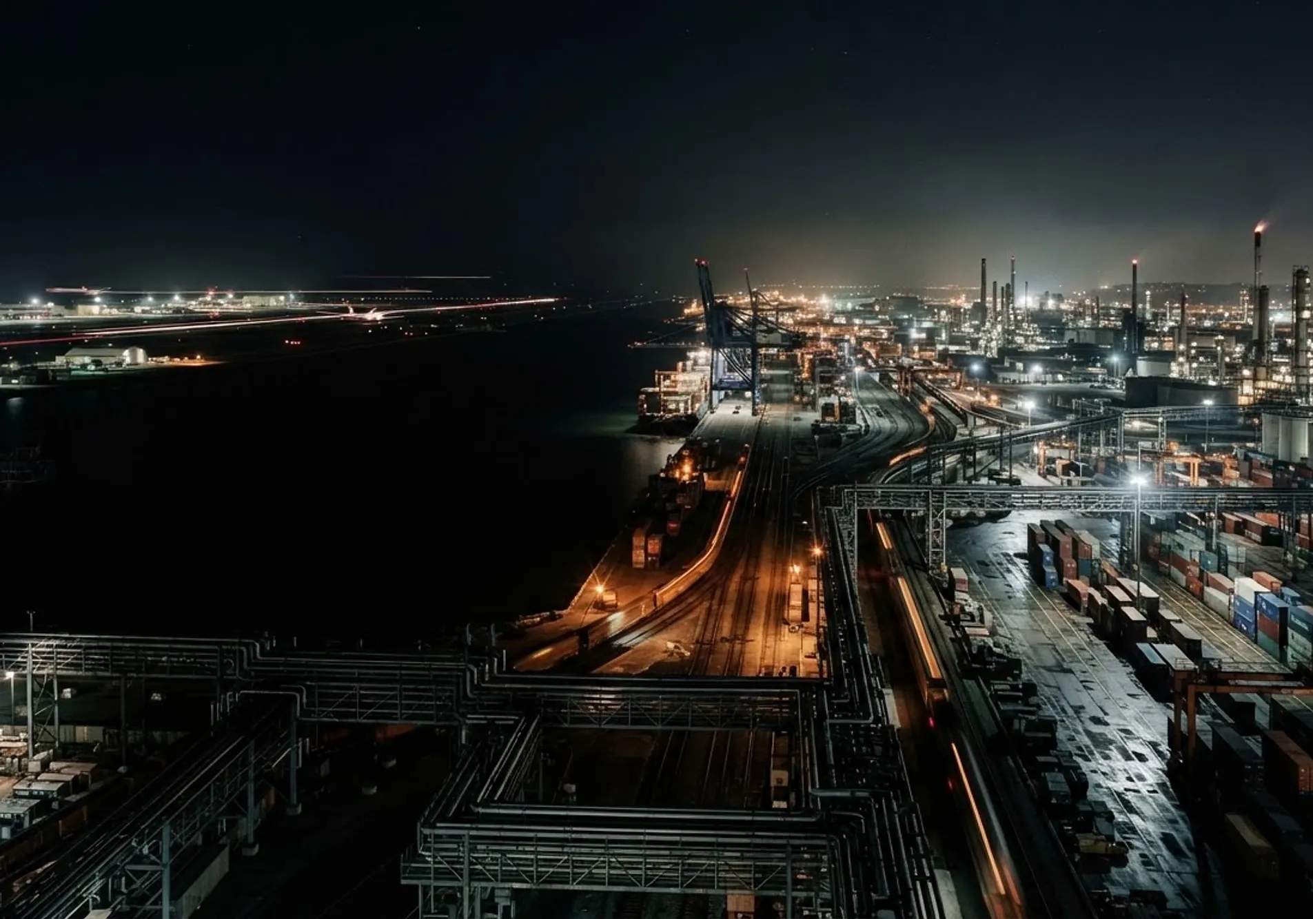 Vast industrial energy and logistics infrastructure operating at night